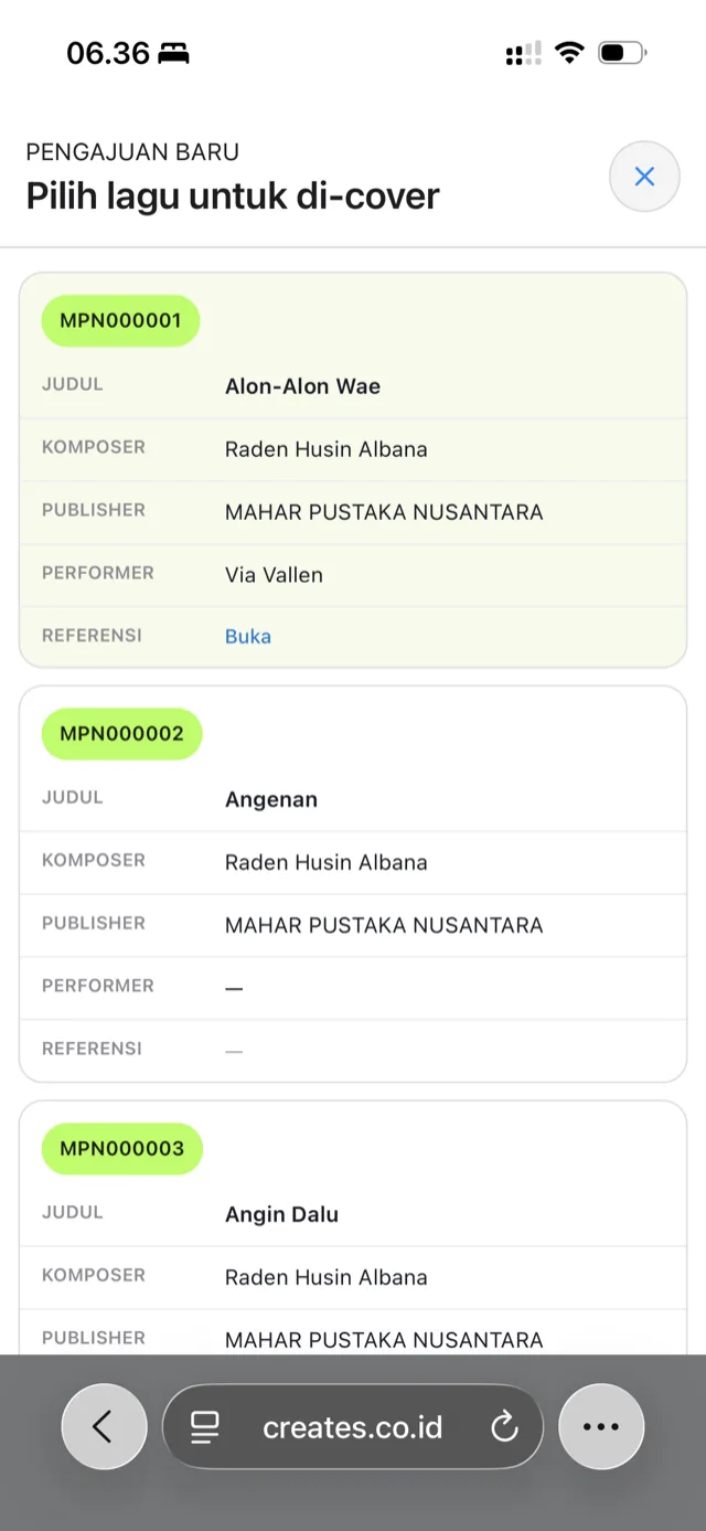 Katalog Lagu Cover di platform Creates