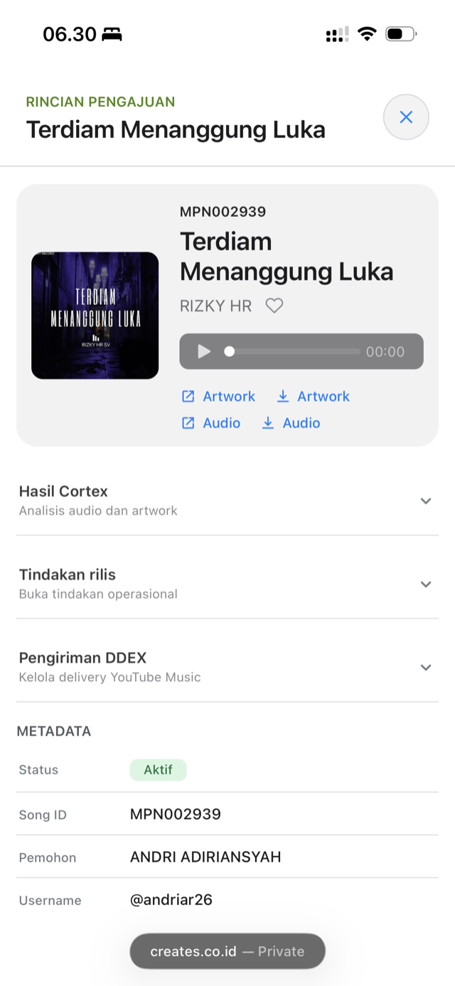 Rincian Pengajuan di platform Creates