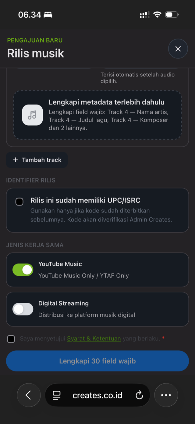 Form Rilis Musik di platform Creates